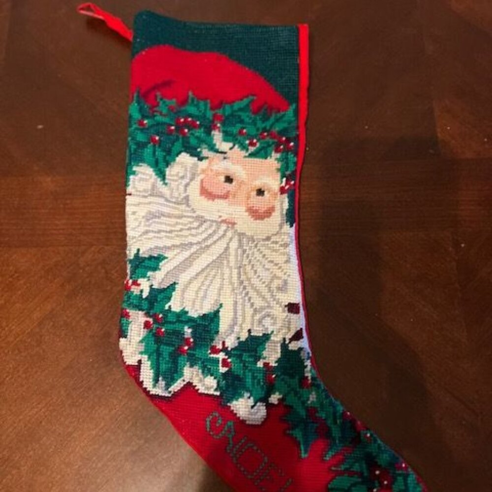 vintage Handmade‎ Needlepoint Santa Christmas Stocking Red & Green Noel name